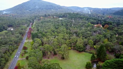 Aerial-footage-of-the-Mount-Macedon-Road,-Macedon,-central-Victoria,-Australia