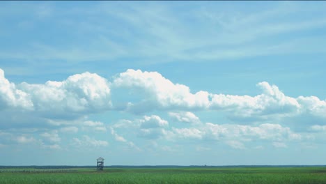 Time-lapse-of-beautiful-white-fast-moving-clouds-and-sky-in-sunny-day-at-lake-Liepaja-birdwatching-tower,-wide-shot