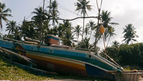 Fishing-boat-in-Weligama,-Sri-Lanka-with-palm-trees-in-background