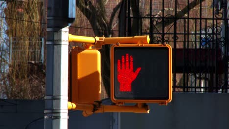 Pedestrian-traffic-light,-Red,-One-Way-Sign,-4K-60P-Daytime,-under-highway,-Brooklyn-New,-York-City
