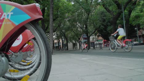 Menschen-Fahren-Mit-Sevici-Leihfahrrädern-Auf-Dem-Radweg-In-Sevilla,-Spanien,-Slowmo
