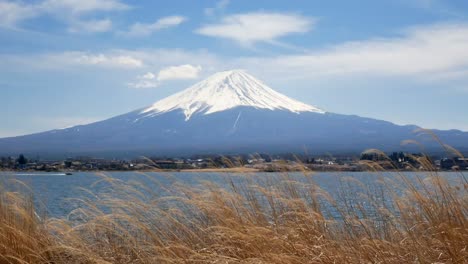 Natural-landscape-view-of-Fuji-Volcanic-Mountain-with-the-lake-Kawaguchi-in-foreground-4K-UHD-video-movie-footage-short