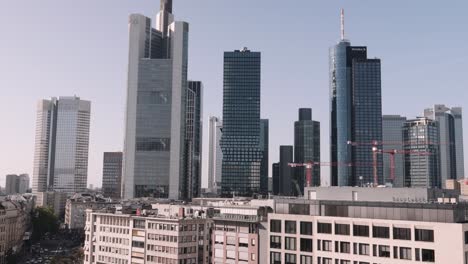 Static-shot-of-Frankfurt-Skyline-Skyscraper-aerial-bank-office-Buildings-Panorama-view,-Frankfurt,-Hessen,-Germany