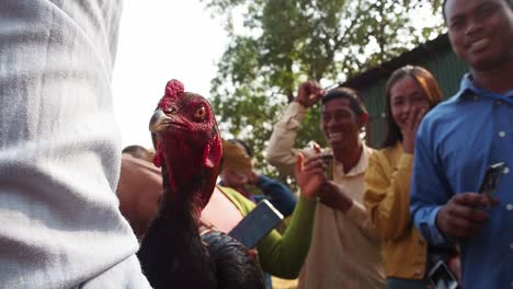Einheimische-Aus-Siem-Reap,-Kambodscha,-Lernen-Gerne-Landwirtschaftliche-Techniken-Sowie-Die-Besamung-Und-Impfung-Von-Hühnern-–-Aufnahme-Aus-Niedriger-Perspektive