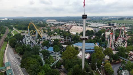 Amusement-Park-rides-at-the-massive-Hershey-Park,-aerial-drone-view