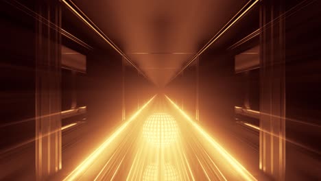 Bright-Golden-Orb-Rolls-Away-Through-Illuminated-Corridor,-3D-Motion-Graphic