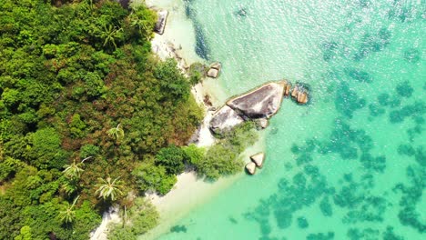 Aerial---tropical-coast-with-sandy-beach,-boulders,-palm-trees-and-turquoise-sea-water-with-rich-marine-life,-Thailand