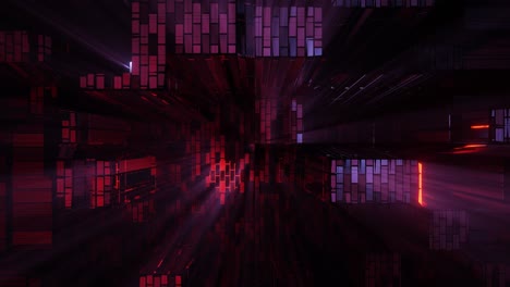 VJ-Loop---Falling-Through-a-Glitching-Digital-Environment-With-Red,-Purple-and-Blue-Light-Shining-Through-Intermittent-Grid-Structures