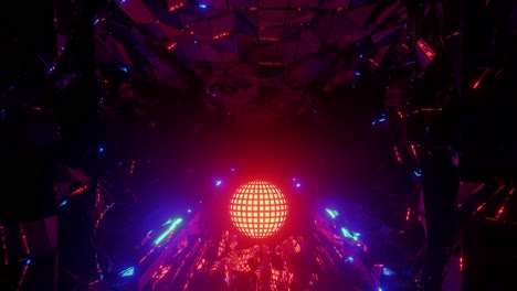 Leuchtende-Rote-Kugel-Dreht-Sich-In-Einem-Tunnel-Aus-Zerbrochenem-Spiegelglas,-Reflexionen,-3D-Bewegung