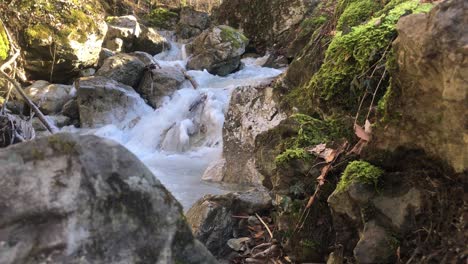Marvel-of-nature-frozen-Schlattbach-river-Switzerland,-medium-shot
