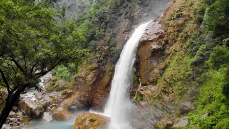 4k-Aerial-Crane-shot-Flying-near-Rainbow-Waterfalls-in-Cheerapunji,-Meghalaya,-India