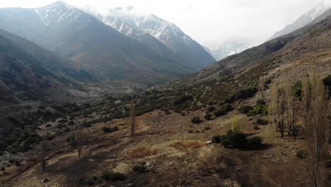 Luftaufnahme-über-Bäumen,-Die-Ein-Wunderschönes-Tal-Mit-Schneebedeckten-Gipfeln-Im-Hintergrund-In-Der-Cordillera-De-Los-Andes,-Chile,-4k-Zeigt