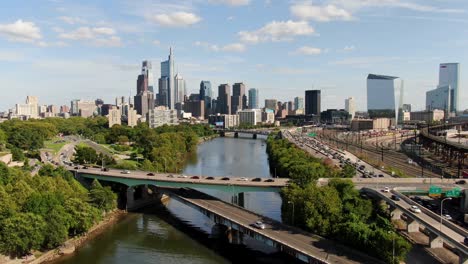 Slow-descending-aerial-drone-shot-of-City-of-Philadelphia-skyline-with-Schuylkill-Expressway-and-River-on-a-bright-summer-sunny-afternoon