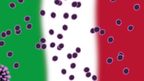 Ilustración-Abstracta-De-La-Bacteria-Del-Virus-De-La-Corona-Frente-A-La-Bandera-Italiana-En-Segundo-Plano