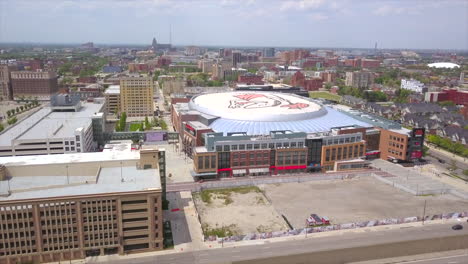 Drone-Shot-of-Little-Caesars-Arena-in-Downtown-Detroit