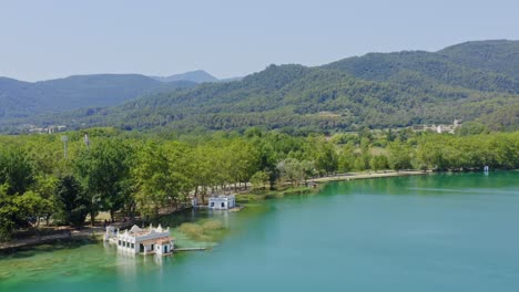 Panoramic-aerial-over-Lake-Banyoles-and-the-surrounding-Catalan-countryside