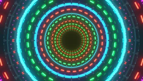 Motion-graphics-sci-fi:-colorful-neon-block-lights-form-round-circles-rotating-and-expanding-from-dark-black-center-hole-in-outer-space