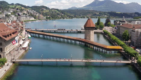 Aerial-of-bridges-over-canal-in-Luzern,-Switzerland