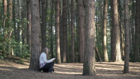 Woman-reading-book-in-pine-forest-wide-shot