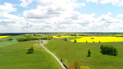 Aerial-landscape-of-historic-battlefield-in-Grunwald,-Poland