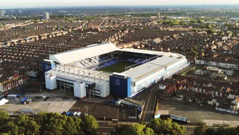 Iconic-Goodison-Park-EFC-football-ground-stadium-aerial-view,-Everton,-Liverpool-orbiting-left-shot