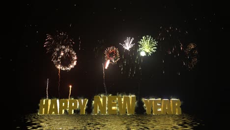 Fireworks-firing-from-water-surface-and-exploding-on-night-sky-with-Happy-New-Year-glowing-text,-glowing-stars,-water-reflections,-and-firework-sparkle-trails-3D-animation