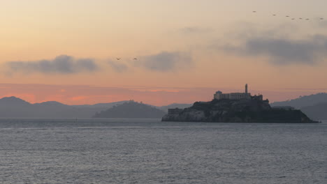 Birds-fly-over-Alcatraz-prison-island-at-golden-hour,-panorama