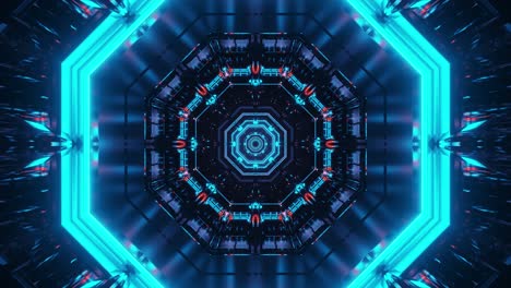 Traveling-into-reflective-abstract-network-space-emitting-neon-lights-inside-of-octagonal-tunnel,-seamless-immersive-space-corridor-illuminated-with-colors