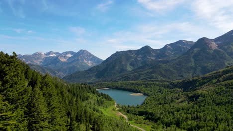 View-of-a-picturesque-lake-in-the-Rocky-Mountains-then-pull-back-between-the-pine-trees