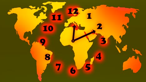 Animation-of-running-time-clock-and-world-map-in-background