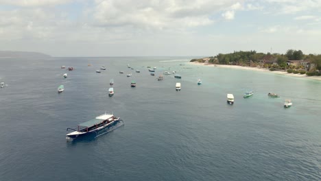 Aerial-flight-showing-anchored-boats-on-shore-during-worldwide-shutdown