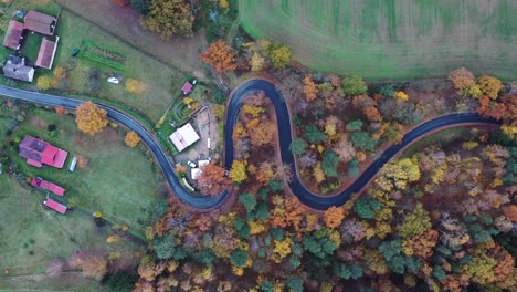 High-Angle-View-of-Lonely-Car-on-Curvy-Road-and-Colorful-Forest-in-Fall-Colors