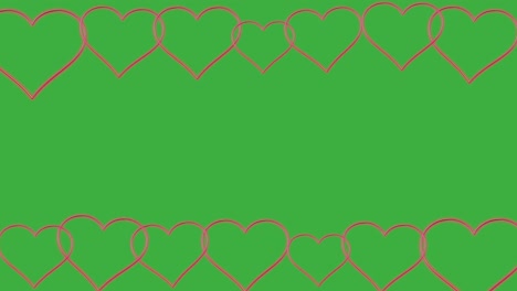Several-illuminated-hearts-flashing-lined-up-together-on-a-green-screen