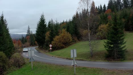 Autos-Fahren-An-Einem-Bewölkten-Herbsttag-Durch-Den-Rumänischen-Wald