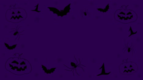 Garabatos-Dibujados-A-Mano-De-Halloween-Negro-Detener-La-Animación-En-Movimiento,-Con-Calabazas,-Arañas-Y-Murciélagos,-Sobre-Un-Fondo-Púrpura