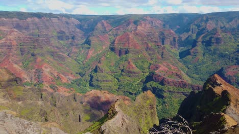4K-Hawaii-Kauai-Schwenk-Von-Links-Nach-Rechts-Des-Waimea-Canyons,-Der-Mit-Touristen-In-Der-Ferne-An-Einem-Aussichtspunkt-Endet