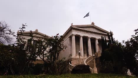 Static-shot-of-National-Library-in-Athens,-Greece-on-cloudy-day