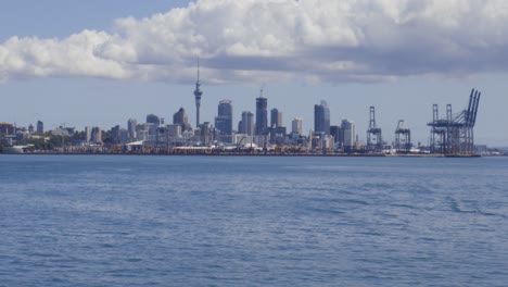 Long-range-telephoto-shot-of-Auckland-skyline-and-Commercial-Bay,-Auckland,-New-Zealand