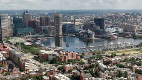 Aerial-establishing-shot-of-Baltimore-Inner-Harbor,-ship,-sailboat-enters-Harbour,-Maryland-city-skyline-in-large-metropolitan-urban-city-in-America
