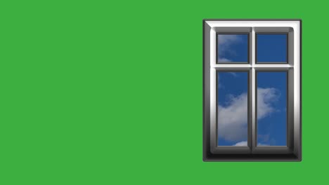 Computer-animated-window-view-with-moving-white-clouds-on-blue-sky,-with-green-screen,time-lapse