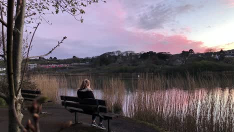 Lady-Walks-And-Sits-On-The-Bench-On-The-Lake-Shore-To-Watch-Beautiful-Sunset---wide-shot
