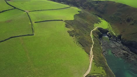 Beautiful-green-landscape-of-Port-Isaac-Town-in-England--aerial