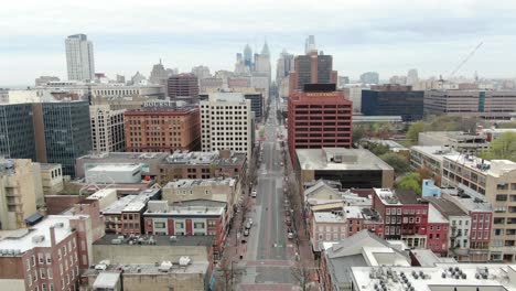 Philadelphia-aerial-footage-of-deserted-Market-Street-near-Penn's-Landing-during-COVID,-coronavirus-outbreak-during-city-shutdown-quarantine