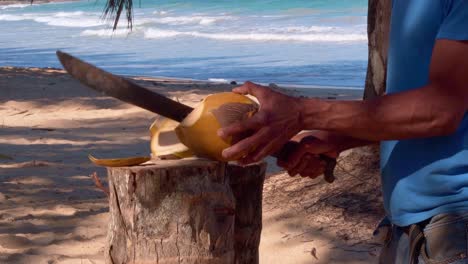 Mann-Schneidet-Kokosnuss-Aus-Dem-Wasser,-Um-Sie-Touristen-An-Einem-Tropischen-Strand-Anzubieten