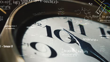 Close-up-of-face-of-clock-with-formulas,-equations,-and-math-symbols-digitally-superimposed