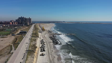 An-aerial-view-over-the-beach-in-Far-Rockaway,-NY