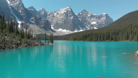Mountain-lake-with-turquoise-water-and-green-Pine-trees