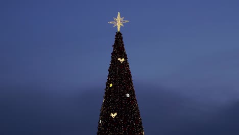 Weihnachtsbaum-Draußen-Mit-Hellem-Stern-Und-Funkelnden-Bunten-Lichtern,-Zoomaufnahme