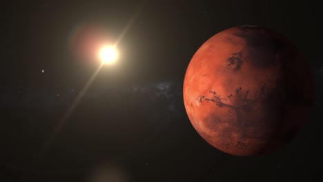 Weltraumblick-Auf-Den-Planeten-Mars-Und-Die-Sonne-Im-Universum