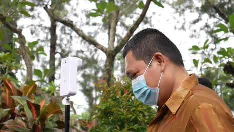 Yogyakarta,-Indonesia---Mar-8,-2021-:-visitors-are-checking-body-temperature-using-a-portable-thermo-gun